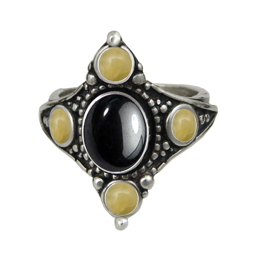 Sterling Silver Renaissance Queen's Ring With Hematite And Yellow Aragonite Size 9